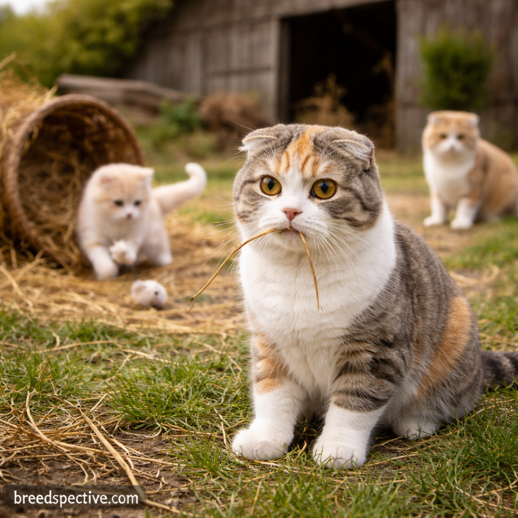 Scottish Fold cats of different ages on a farm setting, illustrating the breed’s early origins and natural beginnings.
