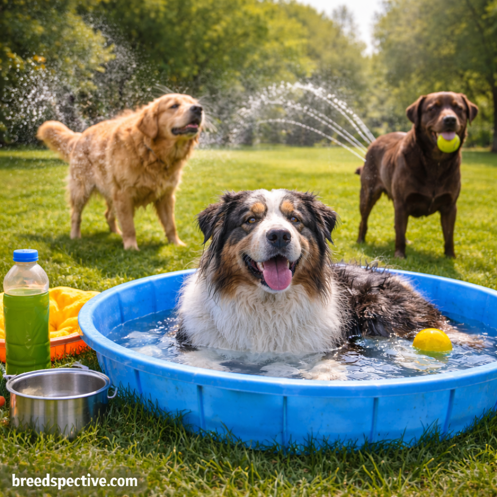 Dogs of different breeds cooling off outdoors during summer heat, showing how warm weather affects activity and hydration needs.