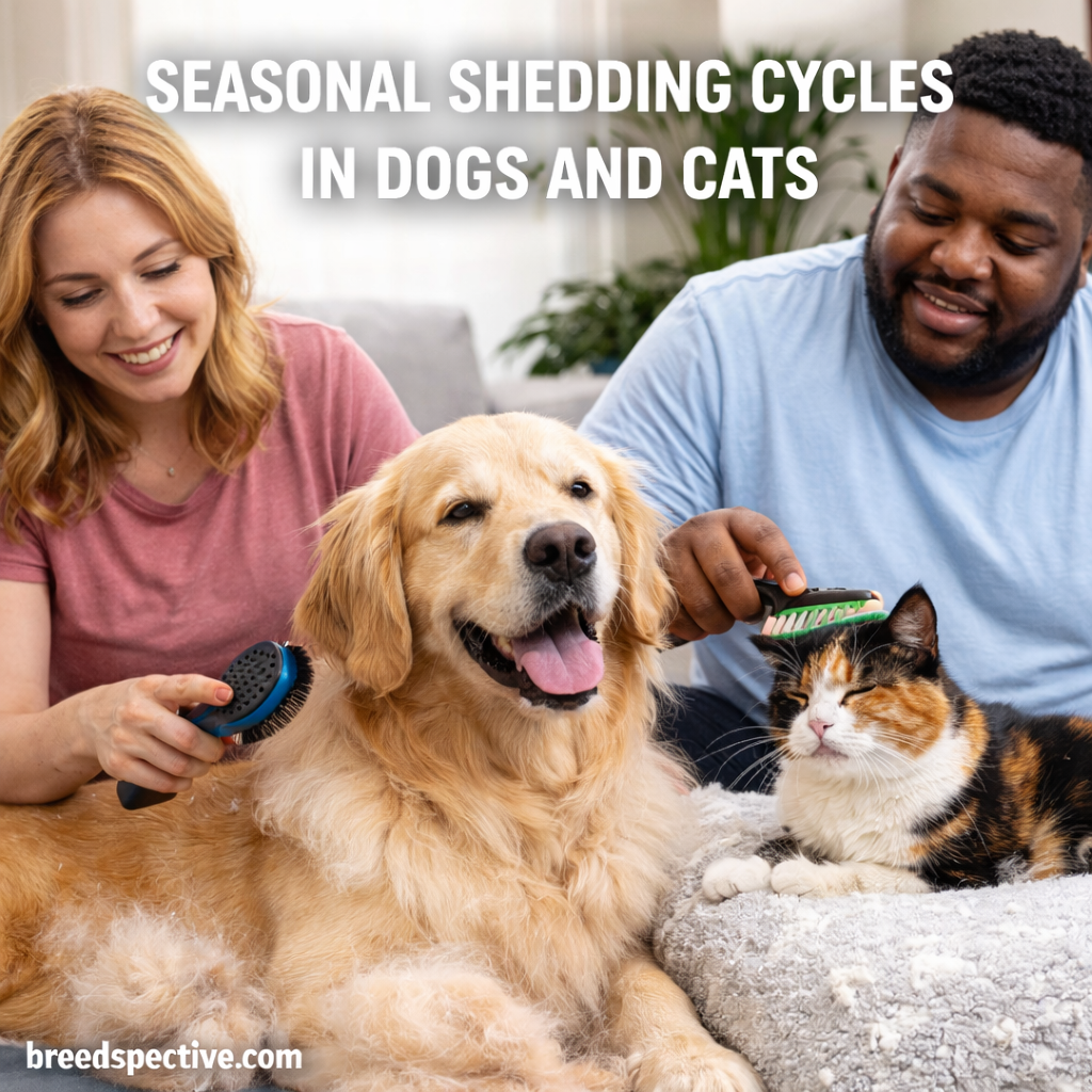 People grooming a dog and a cat indoors during shedding season, illustrating seasonal coat changes and routine grooming care.