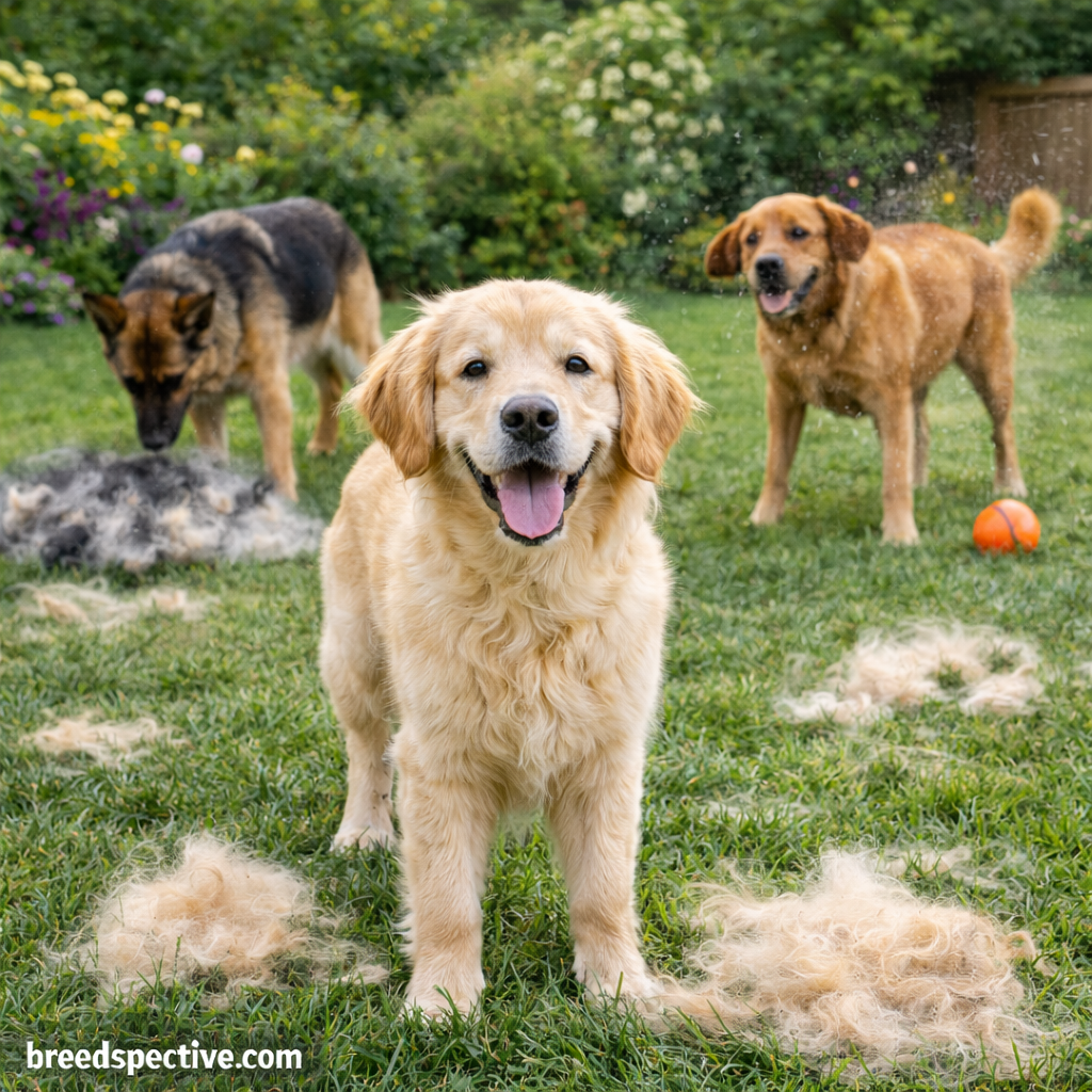 Dogs of different breeds shedding outdoors, showing seasonal coat changes and natural hair loss during shedding cycles.