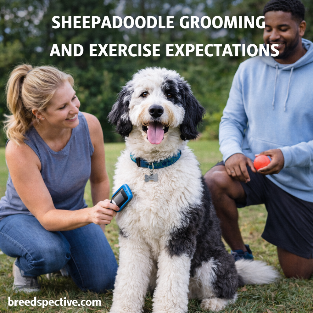 Sheepadoodle being brushed outdoors with owners nearby, illustrating grooming needs and daily exercise expectations.