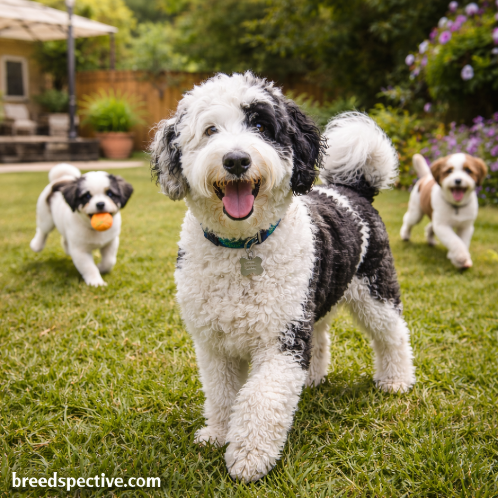 Adult Sheepadoodle standing in a backyard while younger Sheepadoodles play and fetch toys in the background.