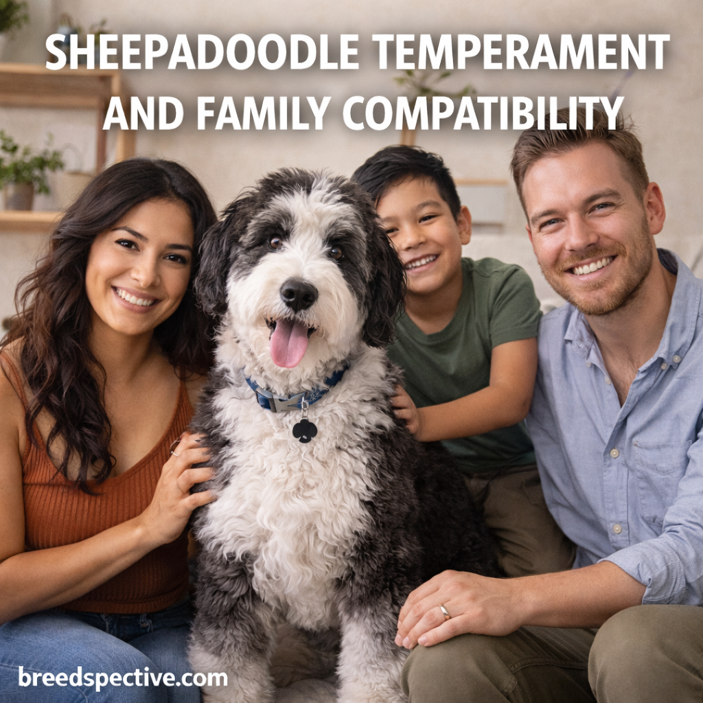 Sheepadoodle sitting with a smiling family indoors, illustrating the breed’s friendly temperament and strong family compatibility.