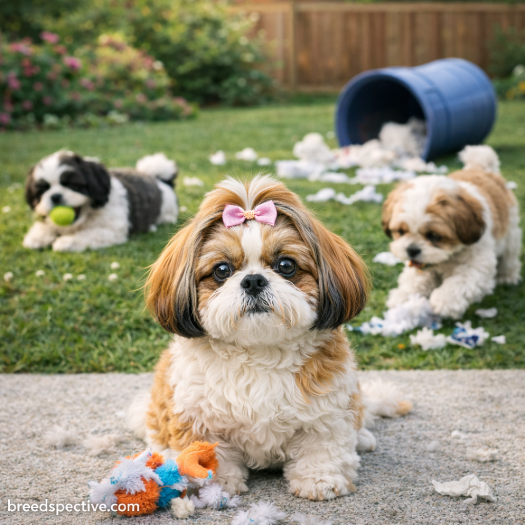 Shih Tzus of different ages playing outdoors, showing common behavioral challenges such as boredom and anxiety.