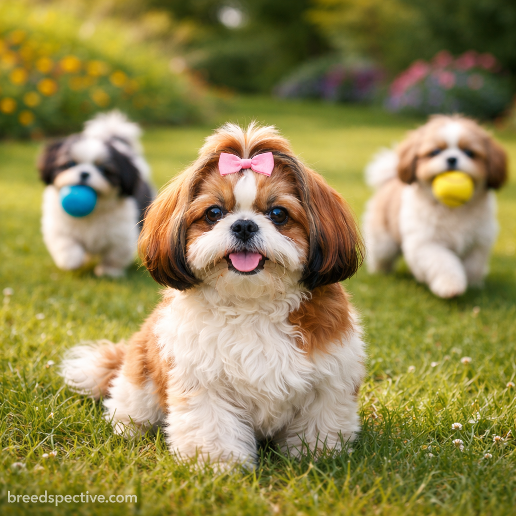 Shih Tzus of different ages playing outdoors, showing the breed’s gentle energy level and playful nature.