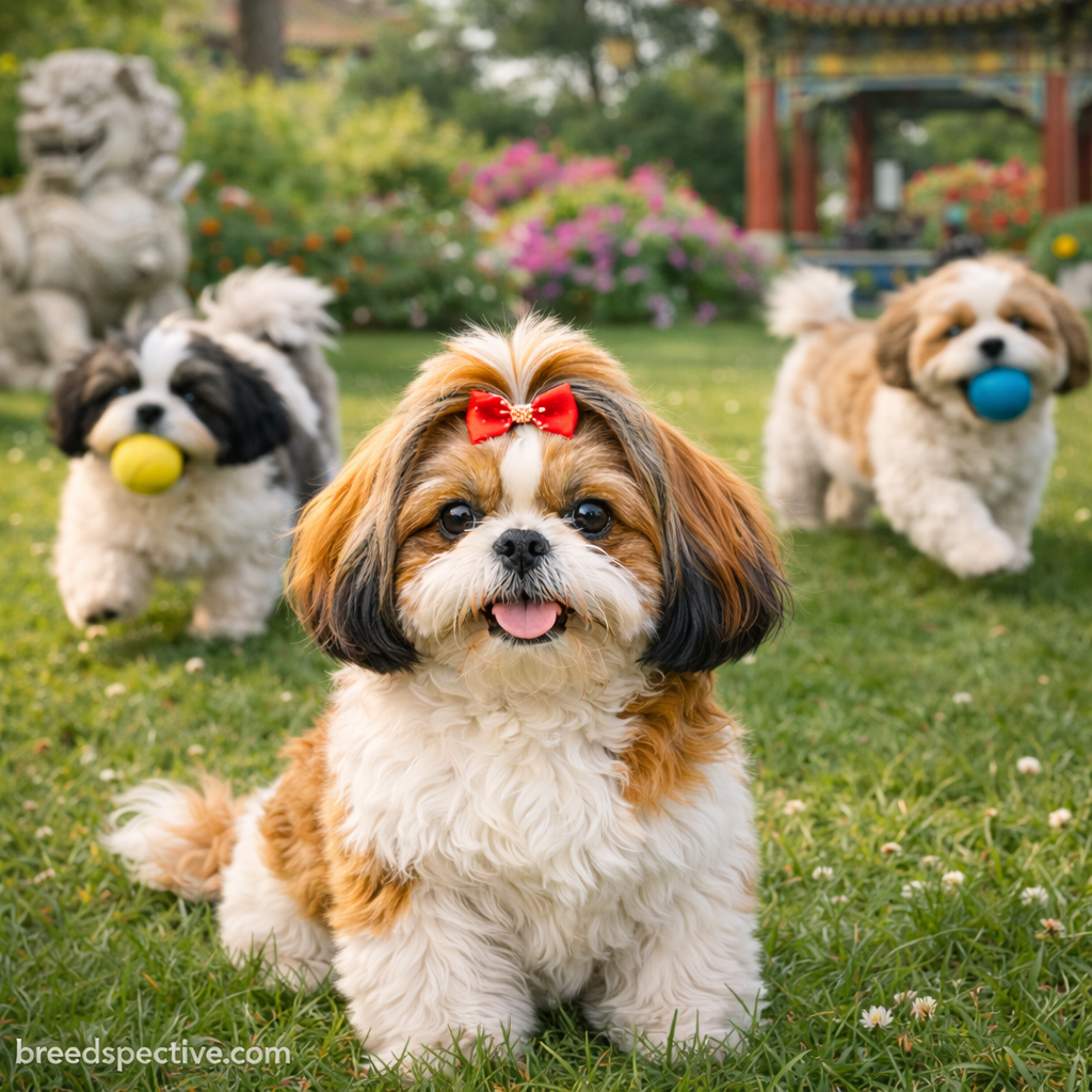 Shih Tzus of different ages playing outdoors, reflecting the breed’s long history as a companion dog.