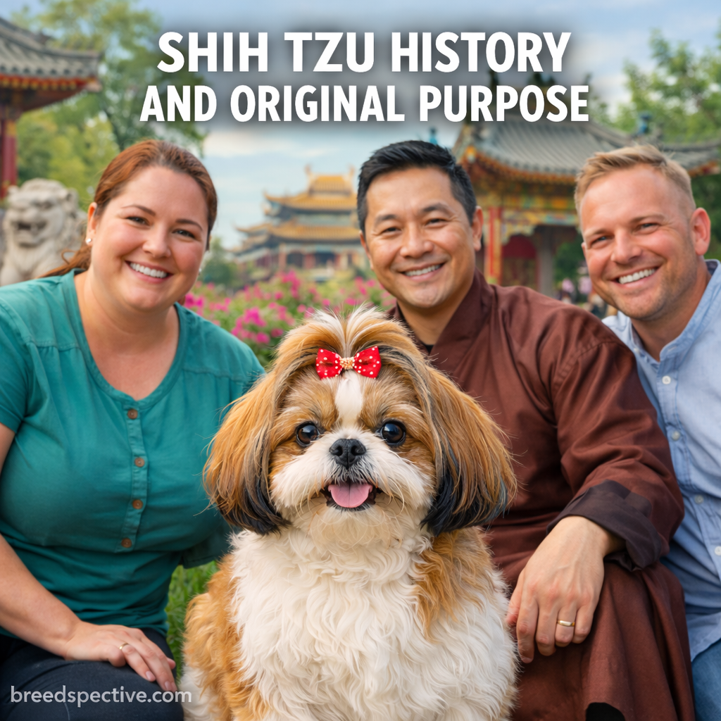 Shih Tzu pictured with adults in a traditional garden setting, reflecting the breed’s historical role as a royal companion.