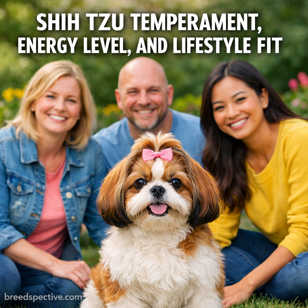 Shih Tzu with a small group of adults highlighting temperament, energy level, and lifestyle fit.