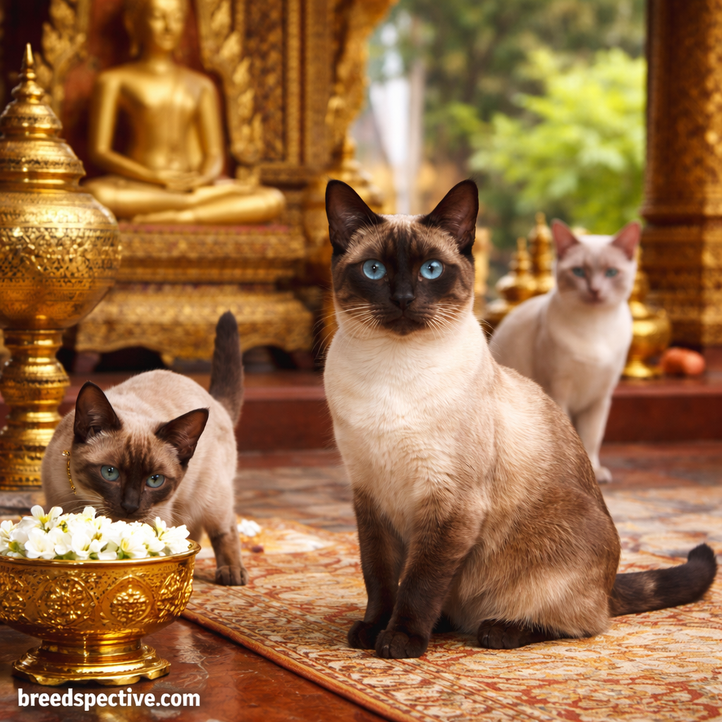 Siamese cats of different ages inside a traditional Thai temple setting, representing the breed’s ancient origins and historical significance.