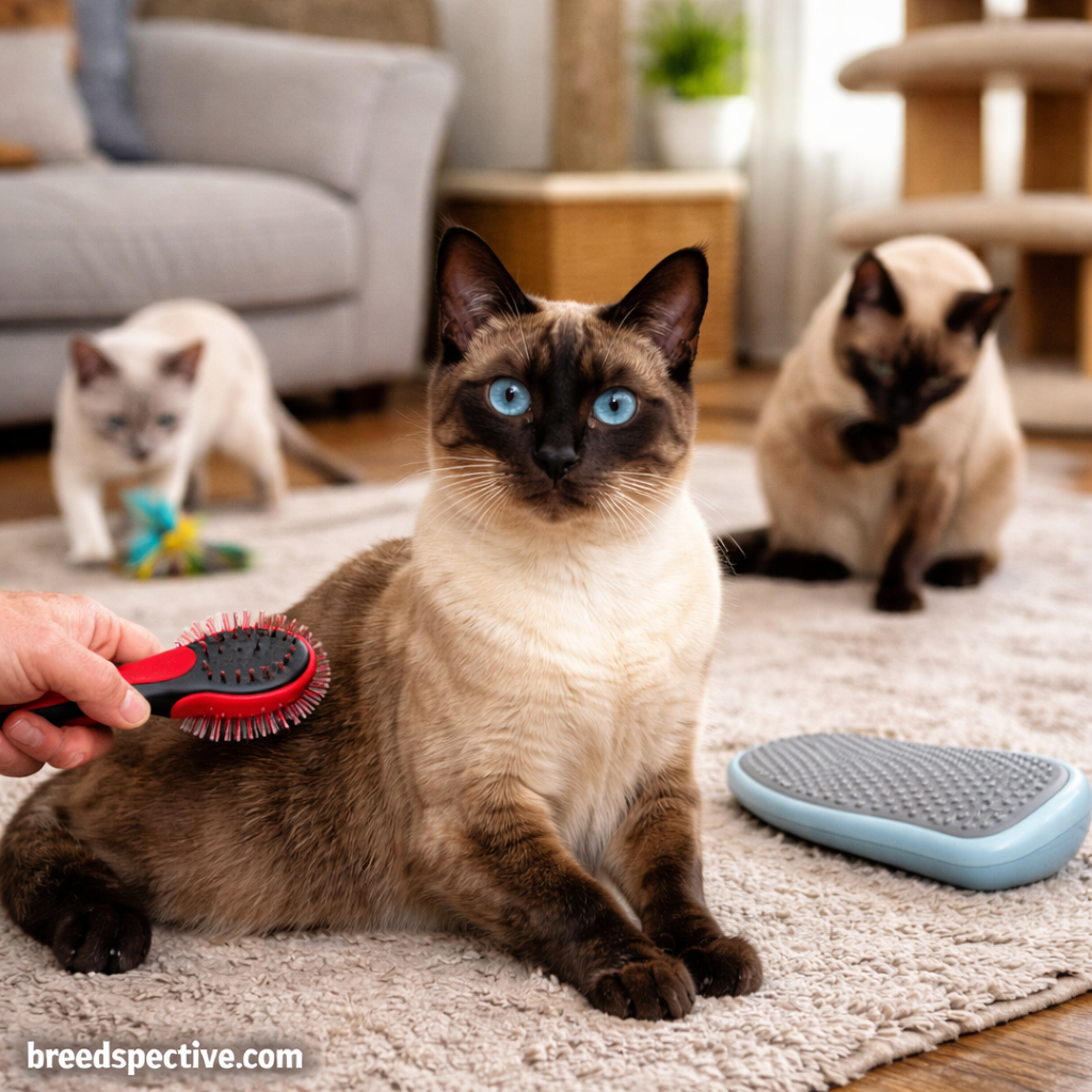 Siamese cats of different ages being brushed and grooming themselves indoors, showing proper coat care and daily maintenance.