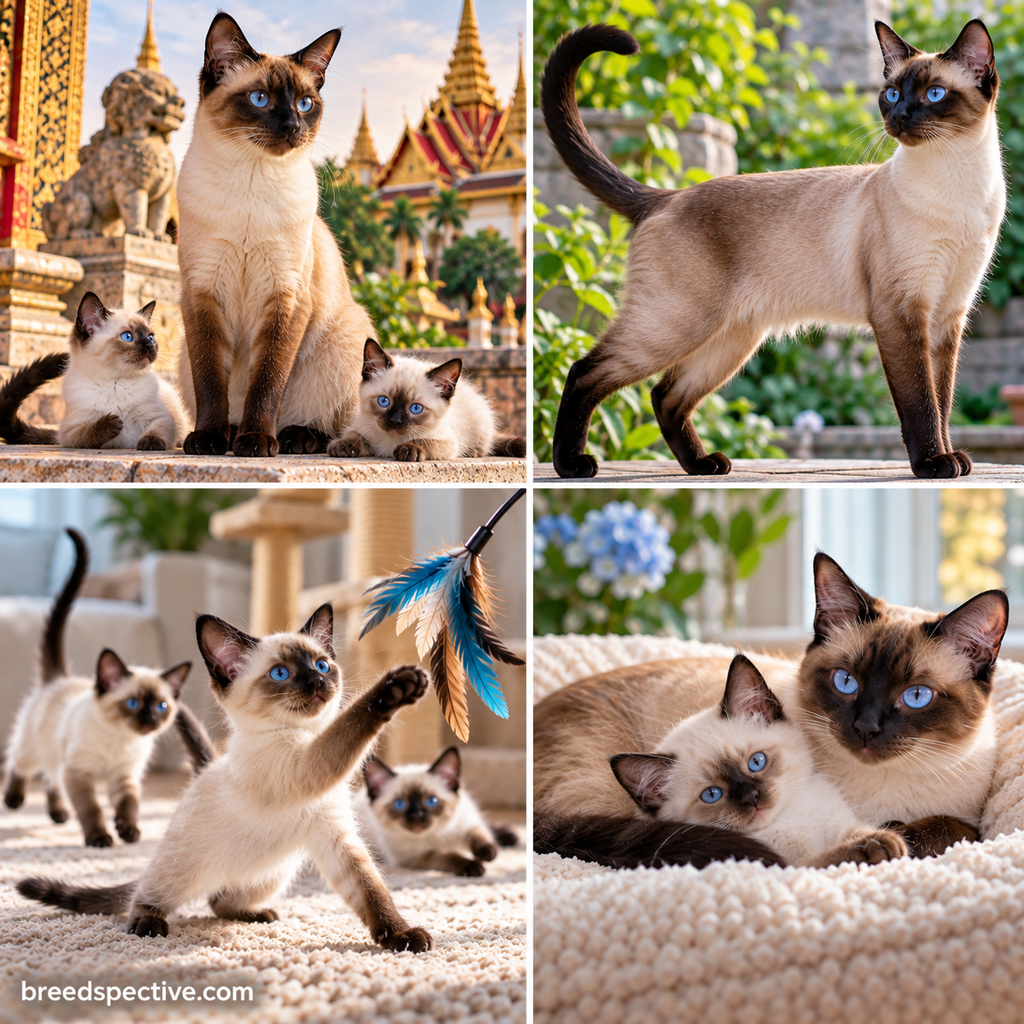 Siamese cats showing their slender build, blue eyes, playful personality, and social behavior