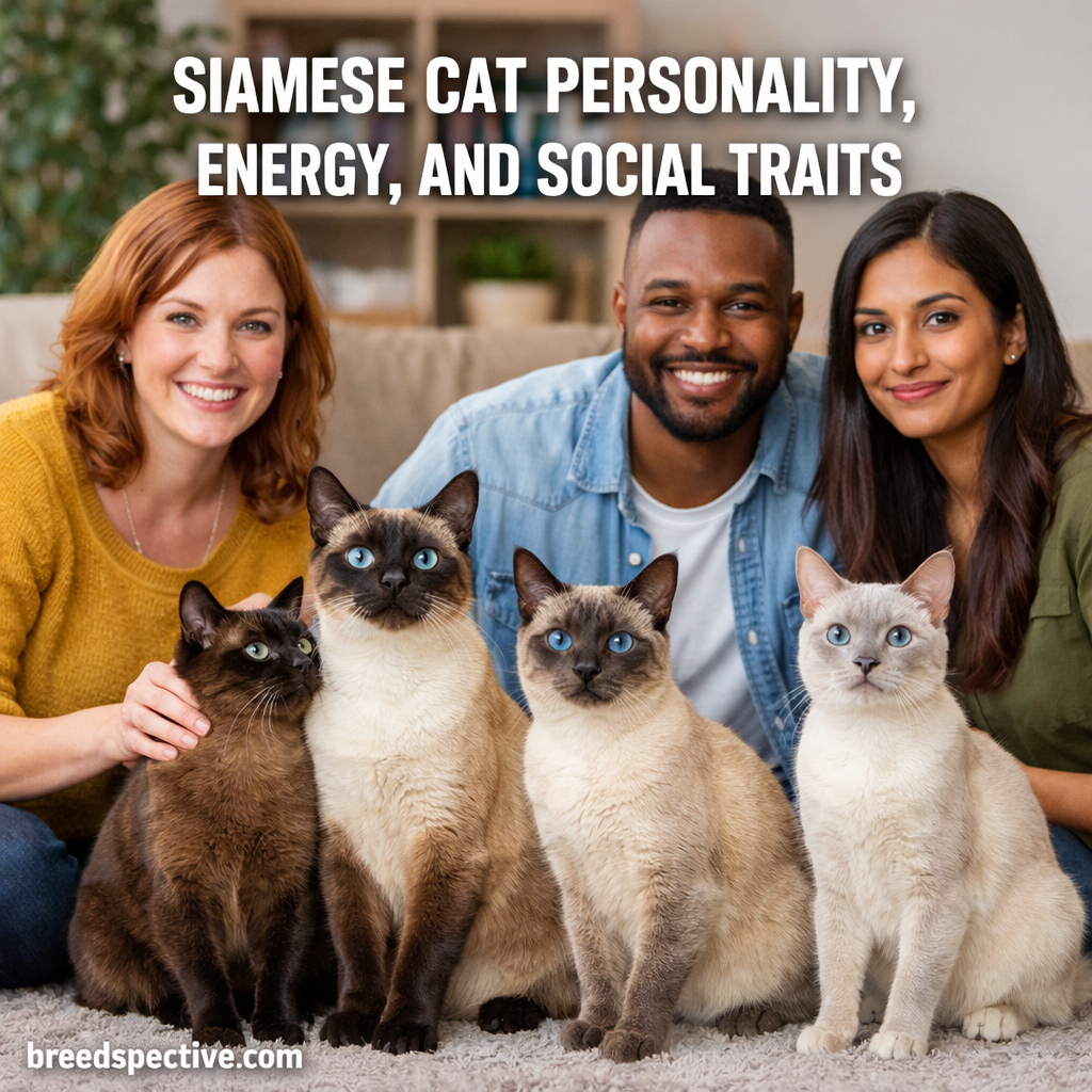 Siamese cat sitting with people, showcasing the breed’s social personality, high energy, and affectionate traits.