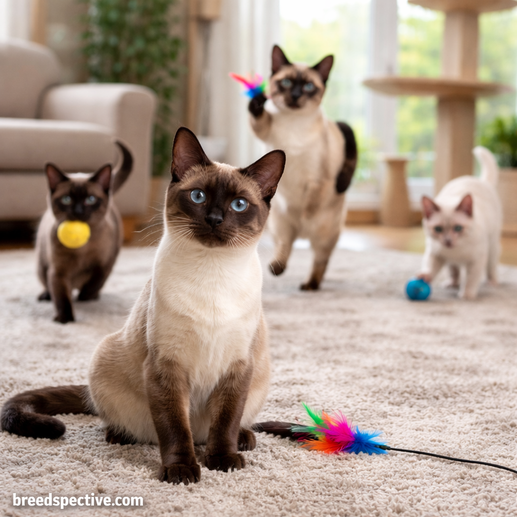 Group of Siamese cats of different ages playing indoors, showing the breed’s energetic and social personality traits.