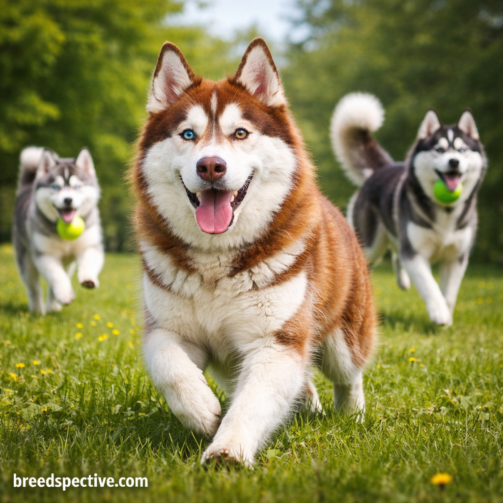 Siberian Huskies of different ages playing and running together, showing the breed’s high energy level and athletic nature.