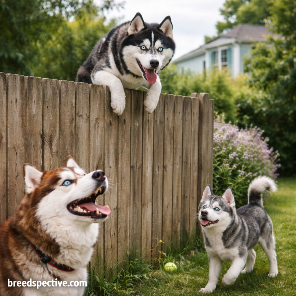 Siberian Huskies of different ages escaping and playing in a backyard, showing the breed’s tendency to climb fences and roam.