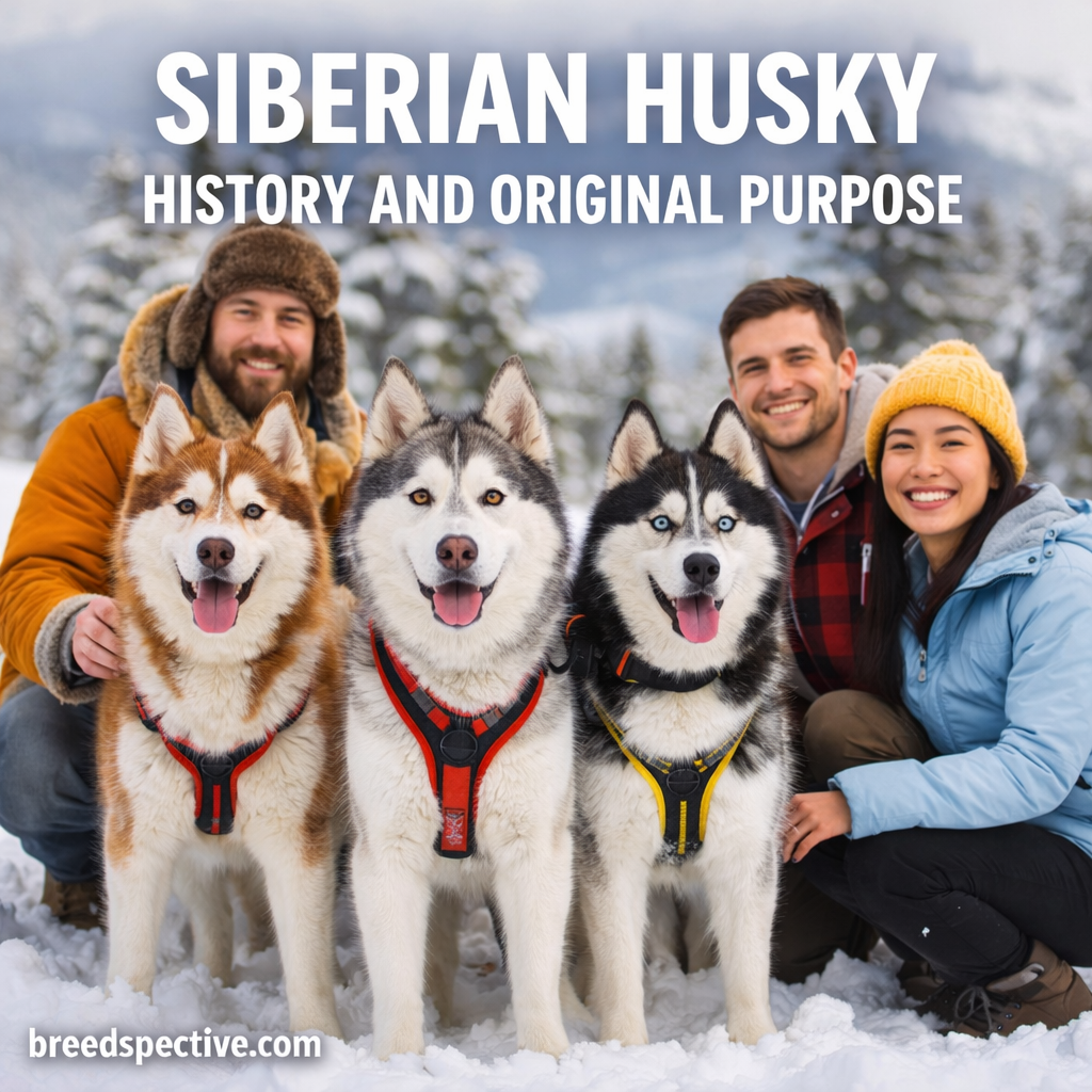 Siberian Huskies with handlers in a snowy setting, representing the breed’s history as endurance sled dogs and their original working purpose.