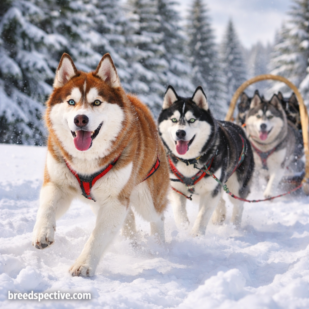 Siberian Huskies of different ages pulling a sled through snow, illustrating the breed’s original purpose as an endurance working dog.
