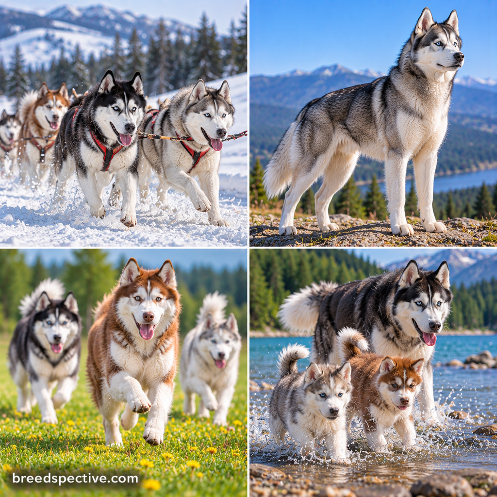 Siberian Huskies pulling a sled, displaying their athletic build, running together, and playing outdoors at different ages.