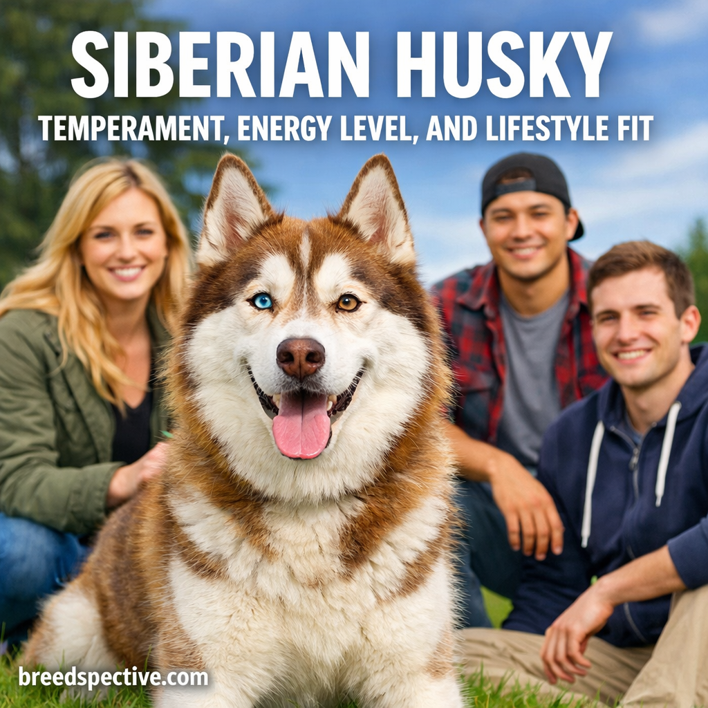 Siberian Husky with owners illustrating temperament, high energy level, and active lifestyle fit.