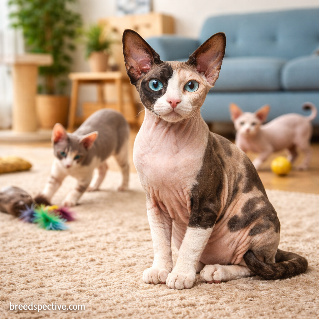 Multiple Sphynx cats of different ages playing indoors, showing the refined modern development of the Sphynx breed.