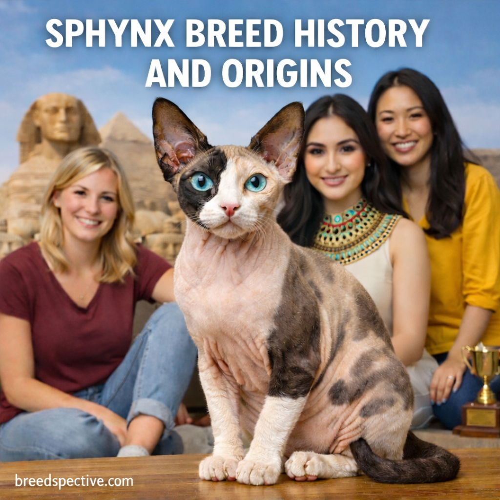 Sphynx cat sitting with people beside it representing the modern history and origins of the Sphynx breed.