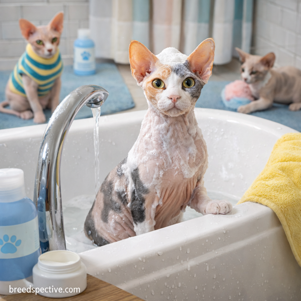 Sphynx cat being bathed while other Sphynx cats of different ages play nearby, showing proper grooming and skin care.