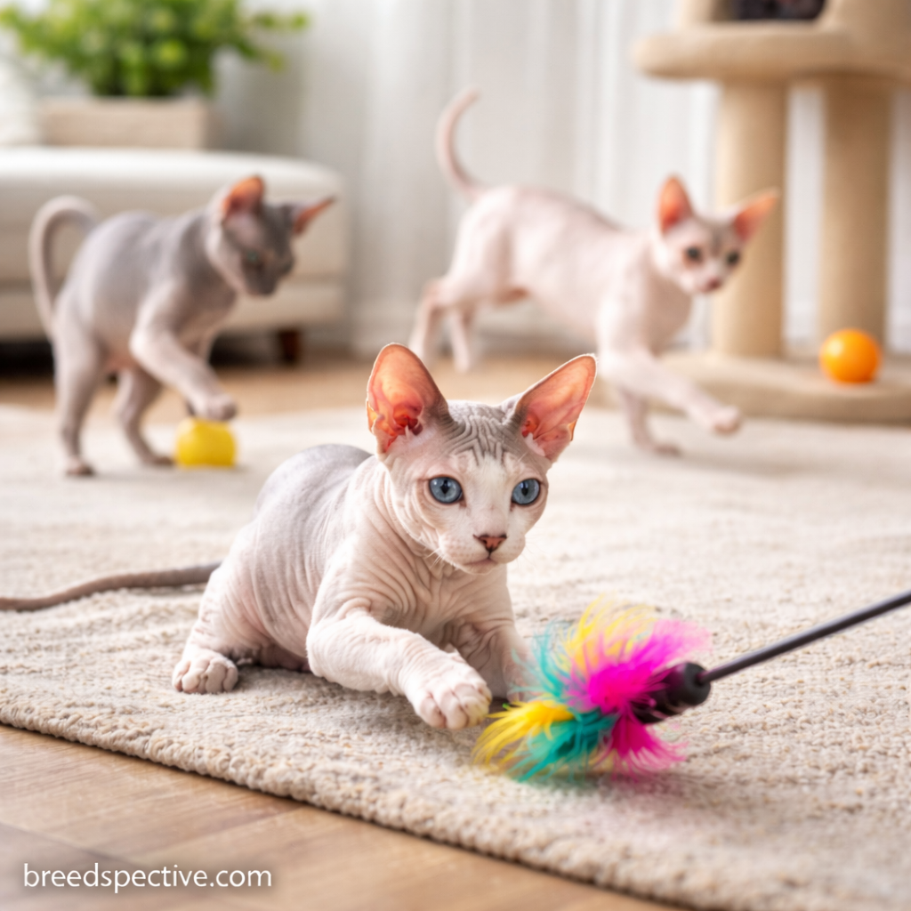 Sphynx cats of different ages playing with toys indoors, showing the breed’s energetic and playful nature.