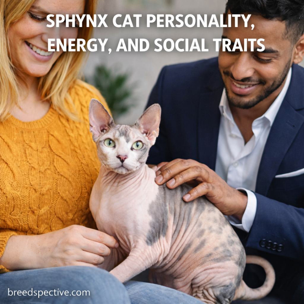 Sphynx cat sitting with owners, showing the breed’s affectionate personality, energy, and social behavior.