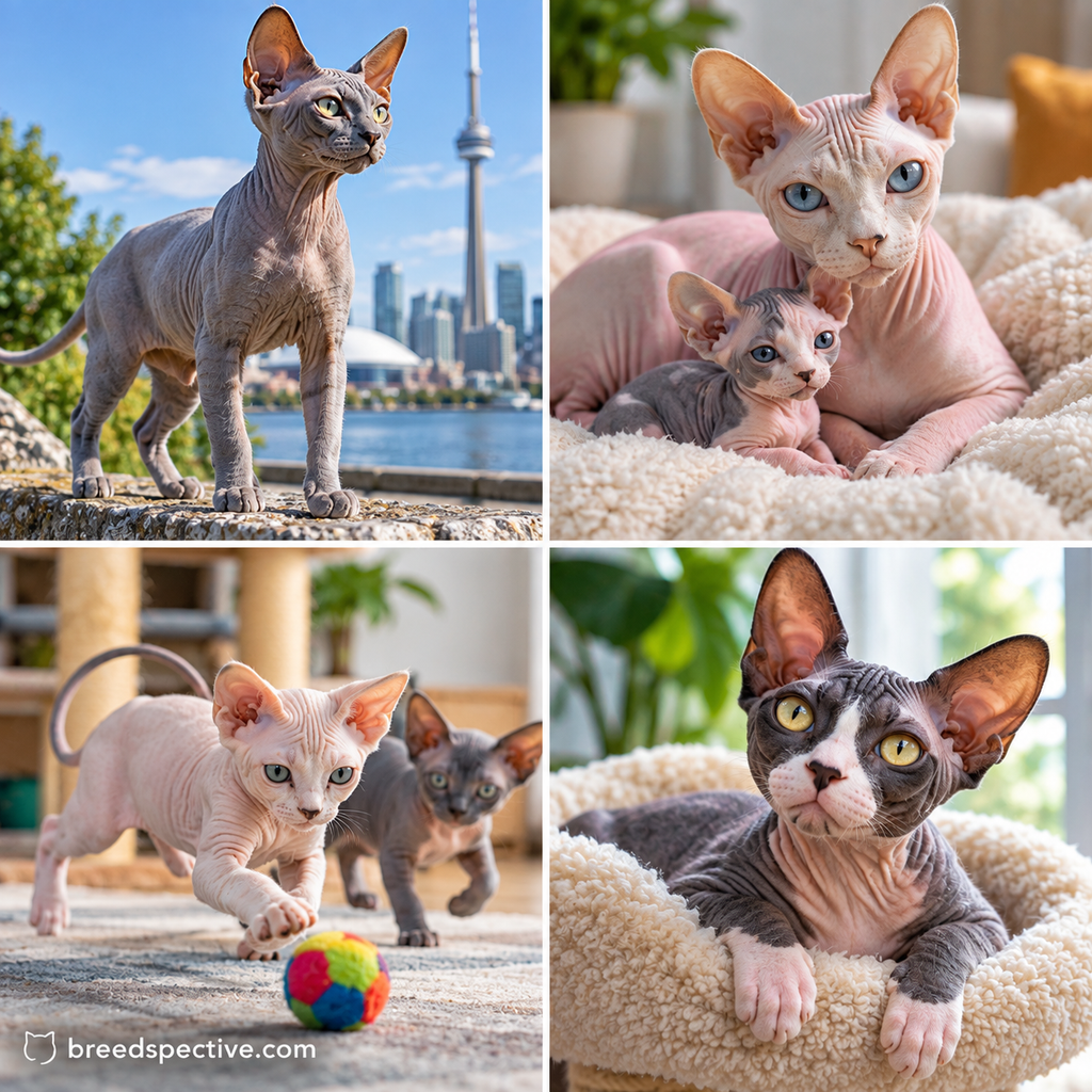Sphynx cats showing the breed’s Canadian origins, muscular build, playful kittens and affectionate social personality.
