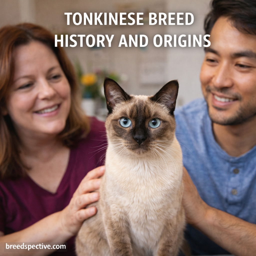 Tonkinese cat with owners indoors, representing the breed’s history and origins.
