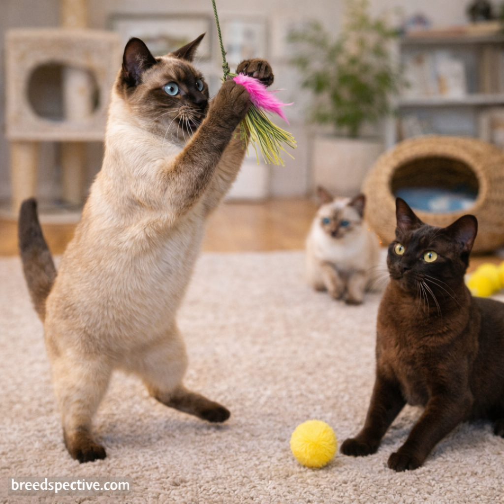 Tonkinese cats of different ages playing indoors, showing healthy coats and active behavior.