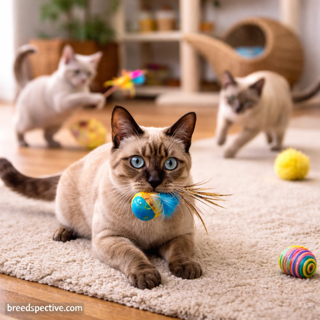 Tonkinese cats of different ages playing indoors, showing the breed’s high energy and playful nature.