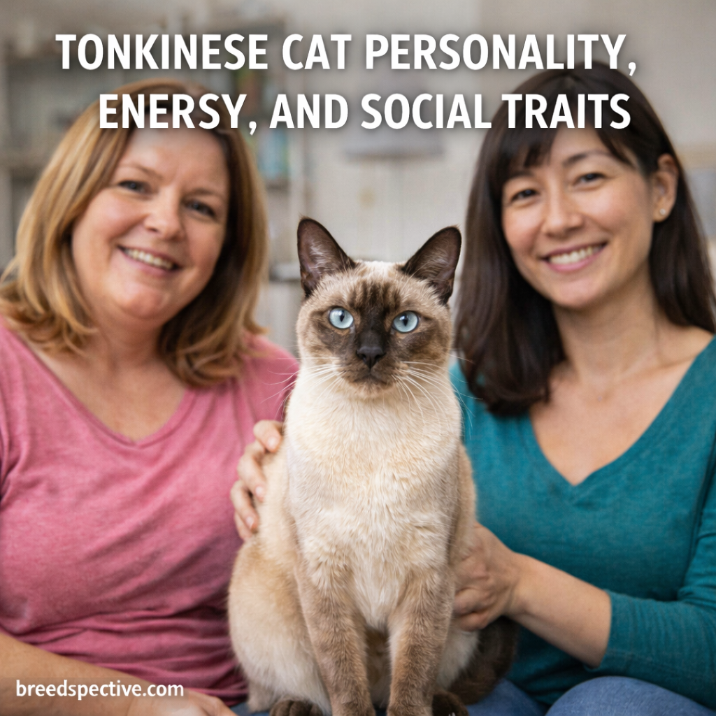 Tonkinese cat with owners indoors, showing the breed’s affectionate personality, high energy, and social nature.