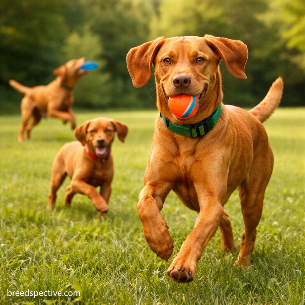 Vizsla dogs of different ages playing fetch in a grassy park setting.