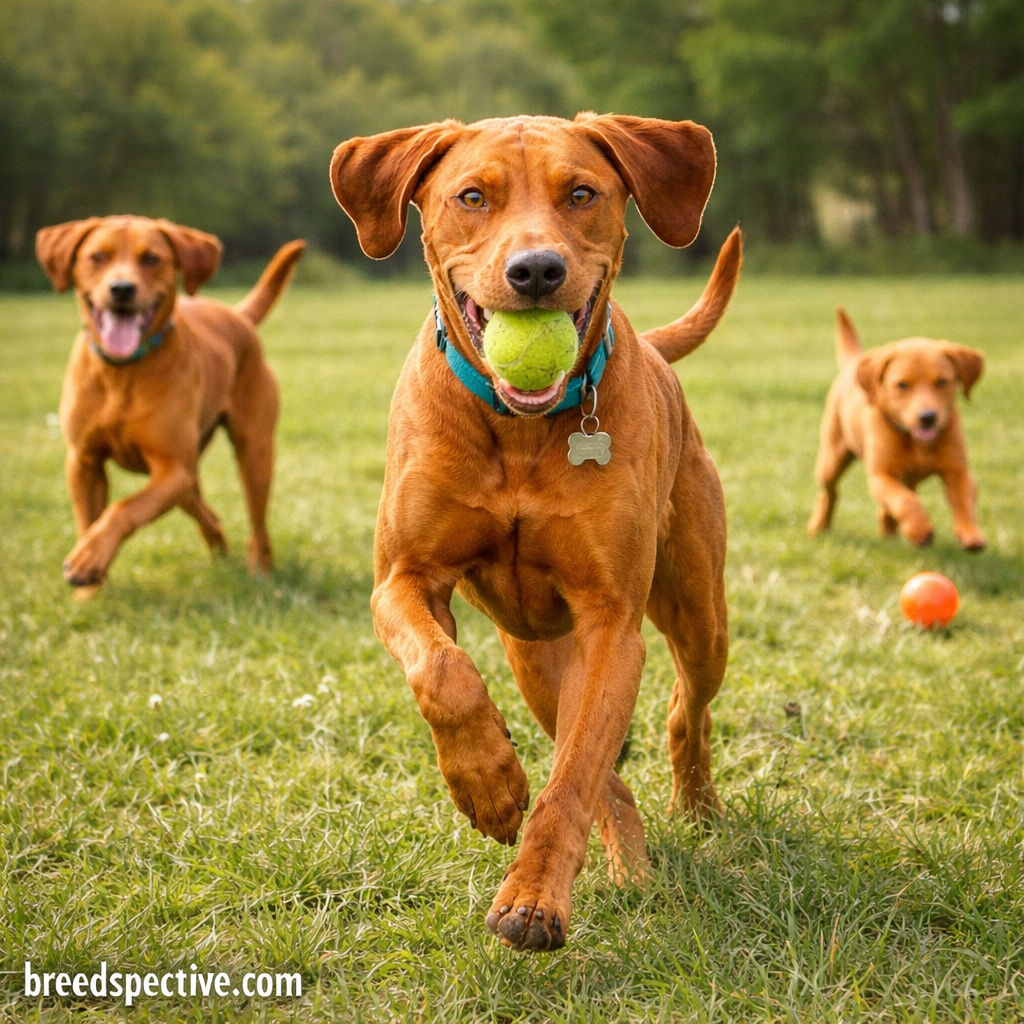 Vizsla dogs of different ages running and playing fetch outdoors, illustrating the breed’s high energy level.