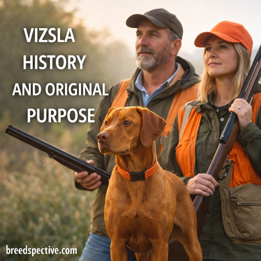Vizsla standing alert beside hunters in a natural field setting, representing the breed’s history and original hunting purpose.