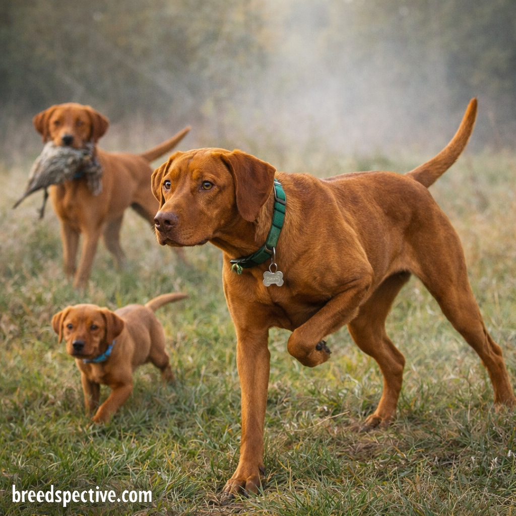 Vizsla dogs of different ages demonstrating hunting behavior outdoors, reflecting the breed’s original purpose.