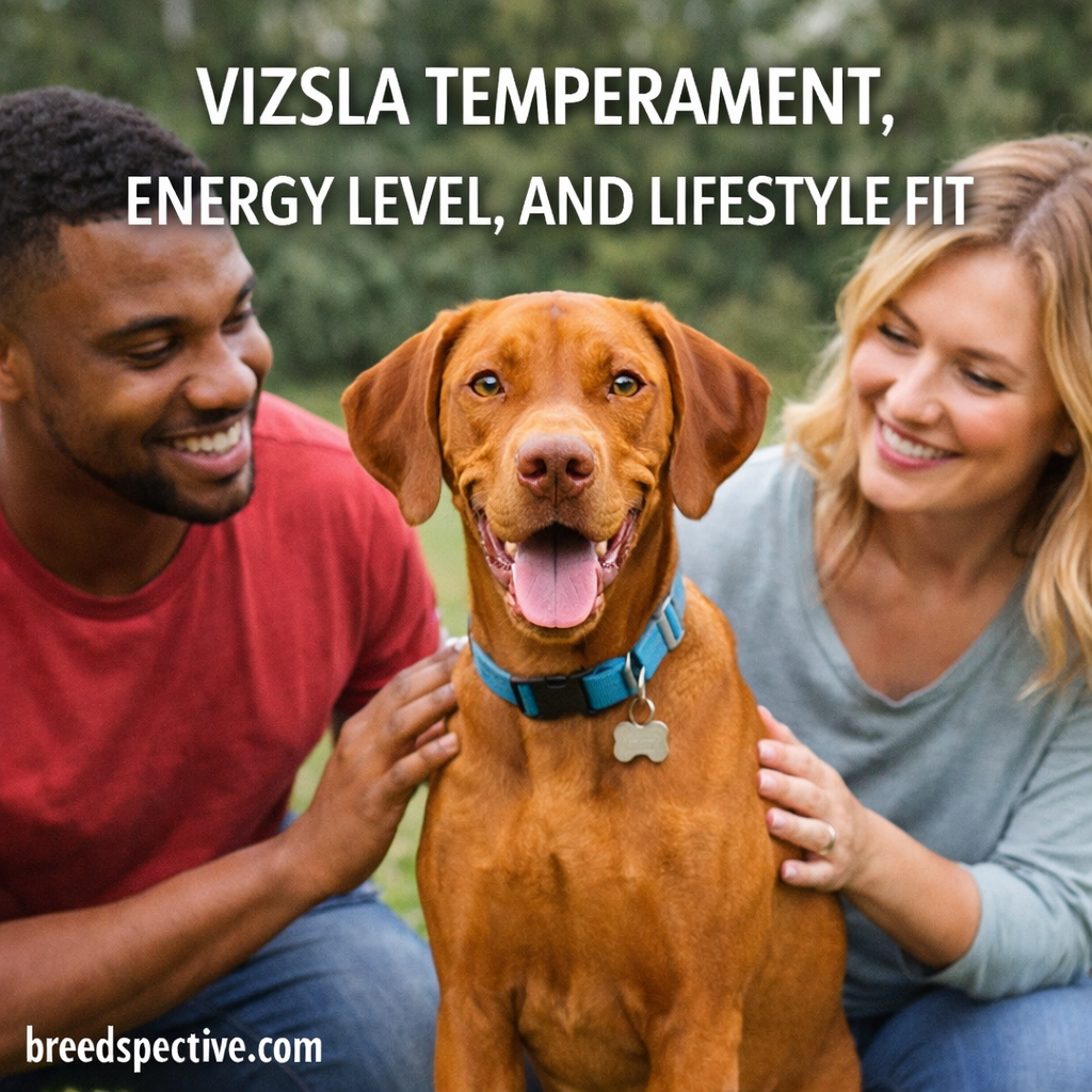 Vizsla sitting outdoors with people, showing the breed’s affectionate temperament, high energy level, and active lifestyle needs.