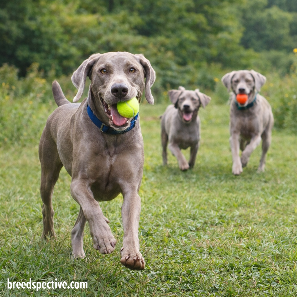 Weimaraner dogs of different ages running and playing outdoors, showing high energy level and exercise needs.