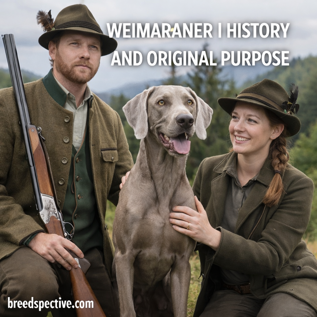 Weimaraner sitting with hunters in traditional attire outdoors, representing the breed’s history and original hunting purpose.