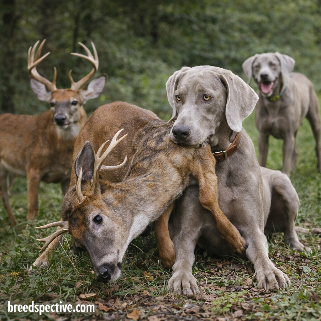 Weimaraner dogs engaging in traditional hunting behavior in a forest setting, illustrating the breed’s original big game hunting purpose.
