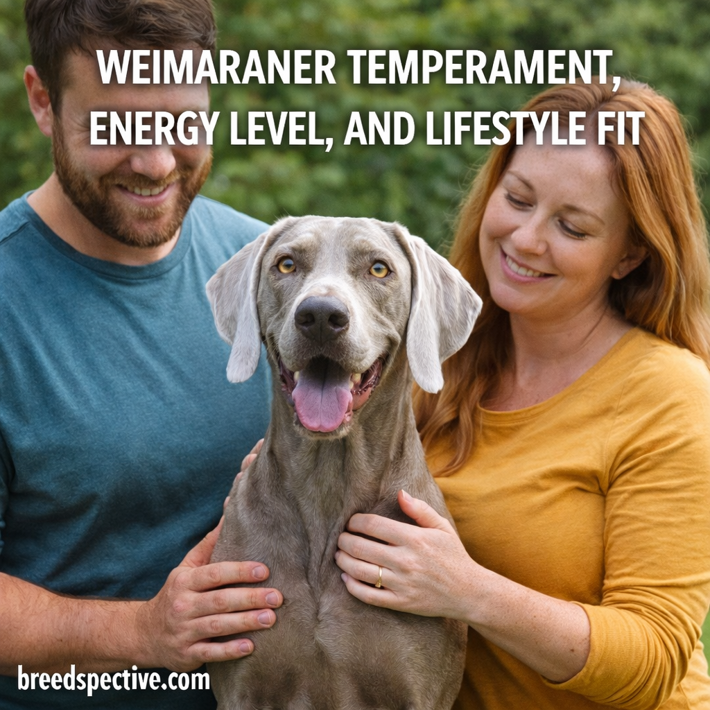 Weimaraner standing outdoors with people nearby, representing the breed’s temperament, high energy level, and lifestyle needs.