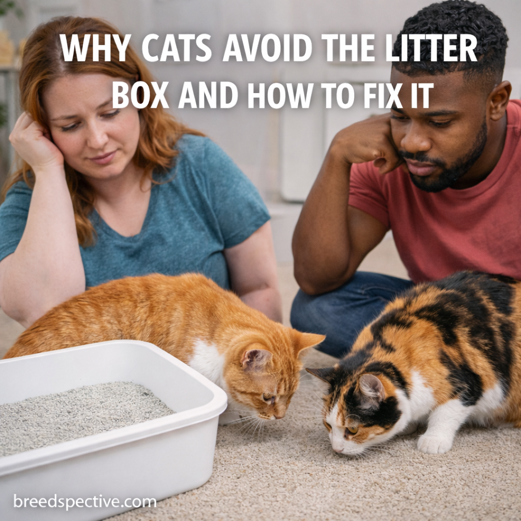 Cat owners observing cats near a litter box, illustrating common reasons cats avoid the litter box.
