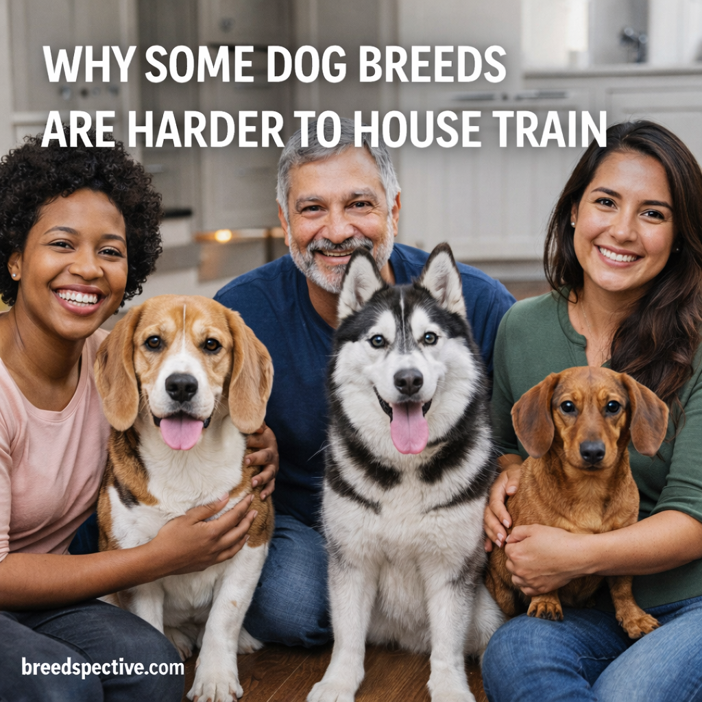 Dog owners with breeds often considered harder to house train, including a Beagle, Siberian Husky, and Dachshund, in a home setting.