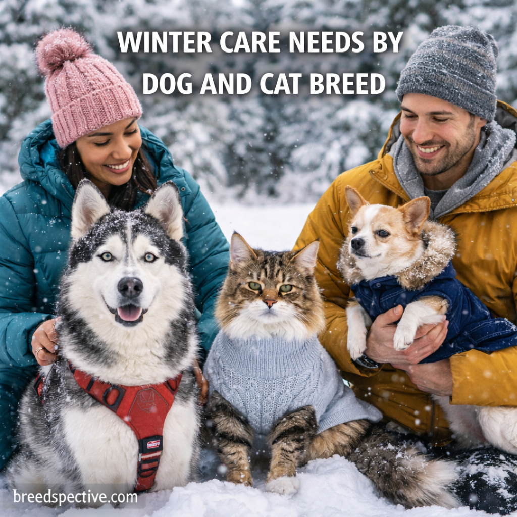 Dogs and a cat wearing winter gear in snowy weather with owners, illustrating breed-specific winter care needs.