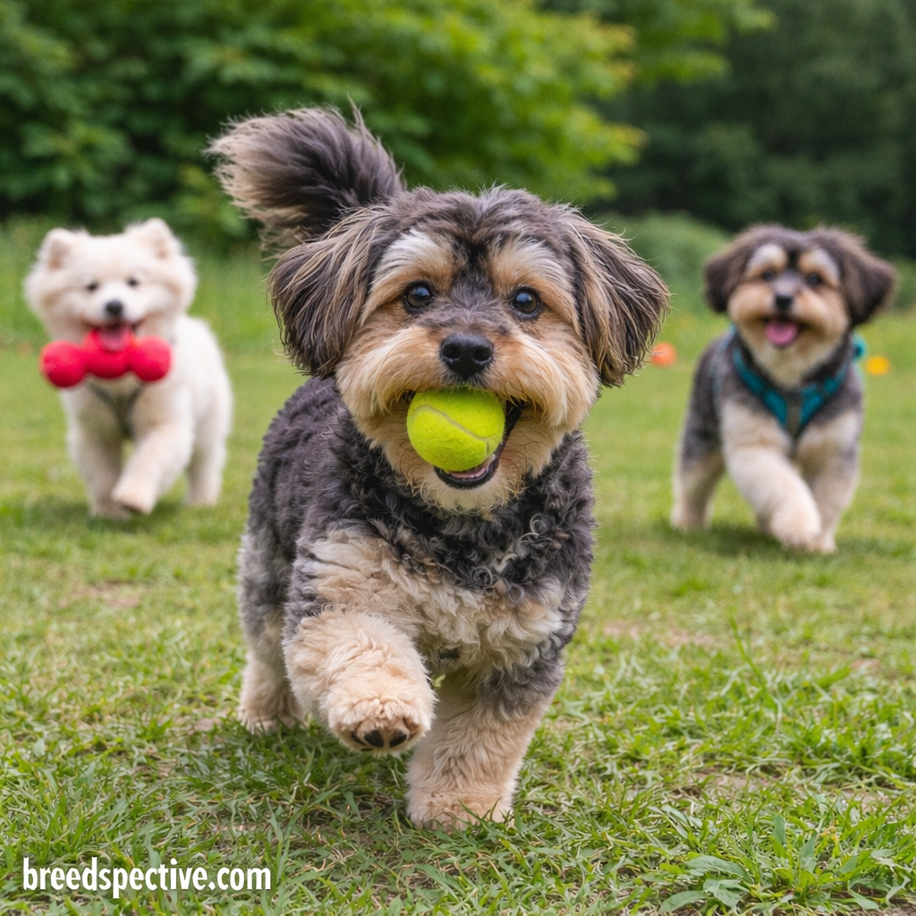 Yorkipoo dogs of different ages playing outdoors, showing energetic but balanced behavior traits.