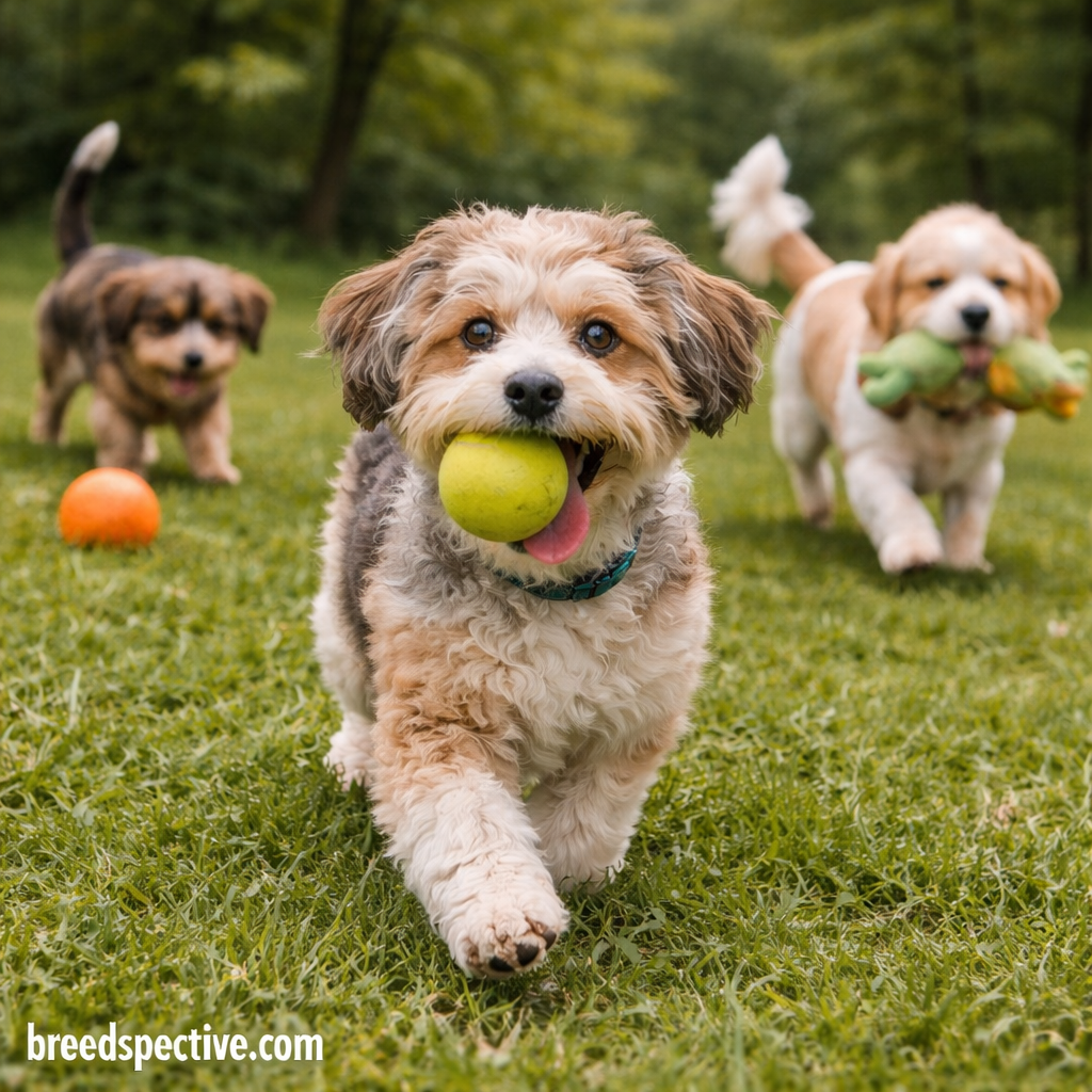 Yorkipoos of different ages playing outdoors with toys, demonstrating daily exercise needs and activity levels.