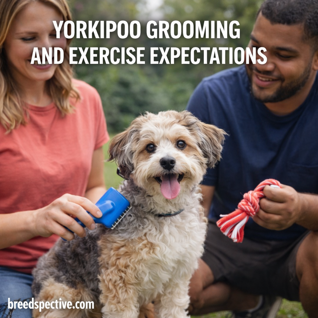 Yorkipoo being brushed outdoors with people nearby, representing grooming and exercise expectations for the breed.