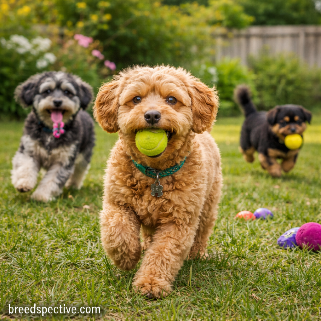 Yorkipoo dogs of different ages playing fetch together in a grassy backyard.