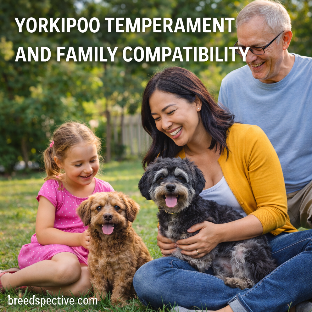Yorkipoo dogs with a family highlighting affectionate temperament and family-friendly behavior.
